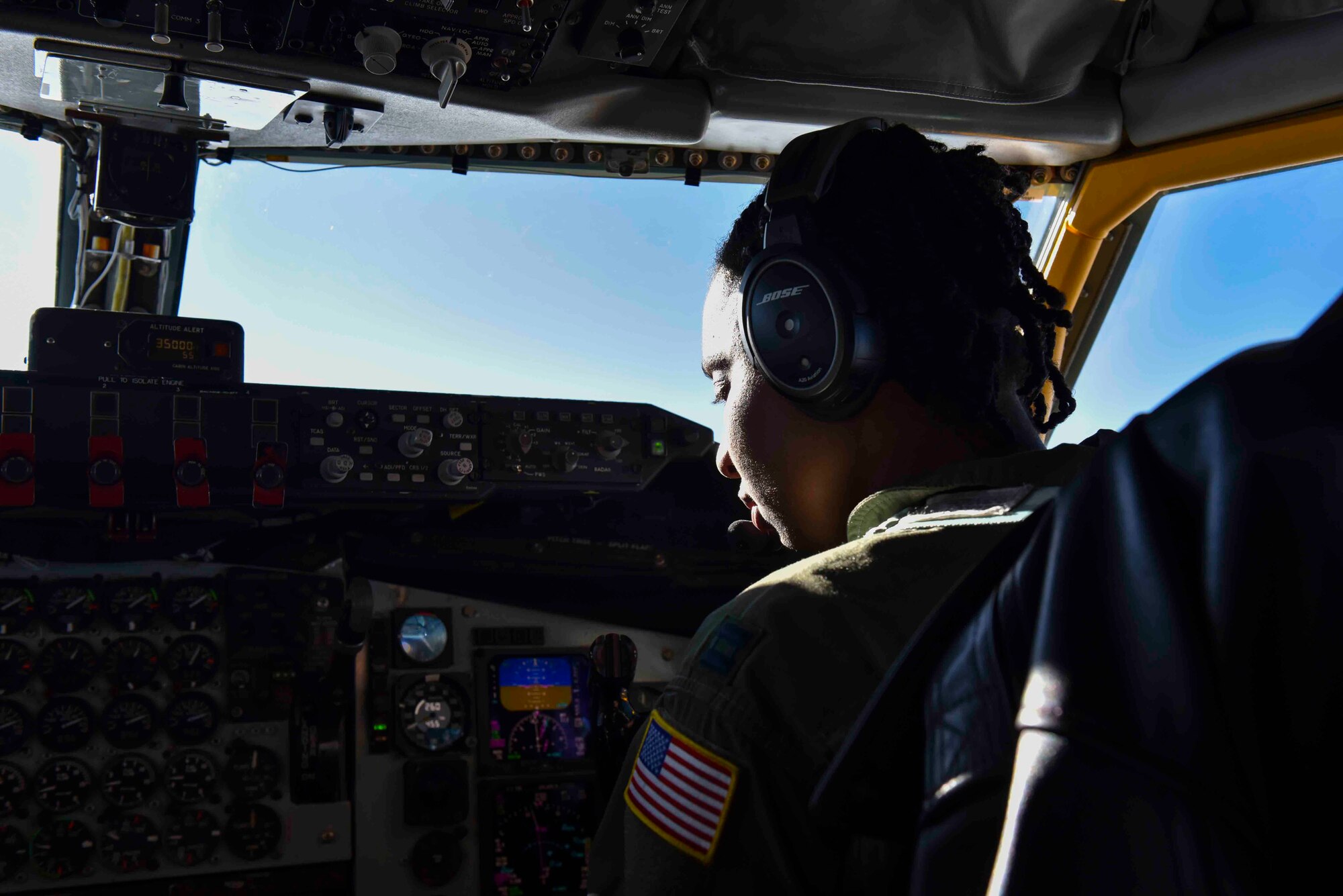 U.S. Air Force Capt. Jazmind Roberts, 93rd Air Refueling Squadron pilot, flies a KC-135 Stratotanker over Alabama, February 18, 2020. Roberts coordinated an all-black aircrew for a refueling mission to Maxwell Air Force Base,  Alabama, to refuel four F-16 Fighting Falcons from the Red Tail Squadron of the 187 Fighter Wing. (U.S. Air Force photo by Airman 1st Class Kiaundra Miller)