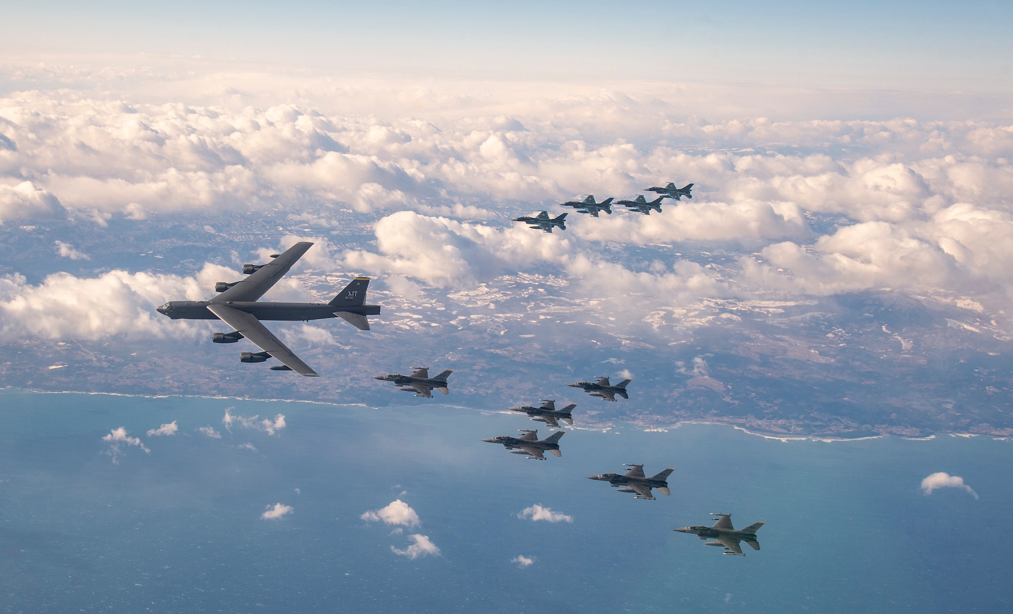 A U.S. Air Force B-52H Stratofortress from Minot Air Force Base, North Dakota, and six F-16 Fighting Falcons from Misawa Air Base, Japan, conduct bilateral joint training with four Japan Air Self-Defense Force F-2's off the coast of Northern Japan, Feb. 4, 2020.