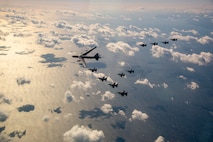 A U.S. Air Force B-52H Stratofortress from Minot Air Force Base, North Dakota, and six F-16 Fighting Falcons from Misawa Air Base, Japan, conduct bilateral joint training with four Japan Air Self-Defense Force F-2's off the coast of Northern Japan, Feb. 4, 2020.