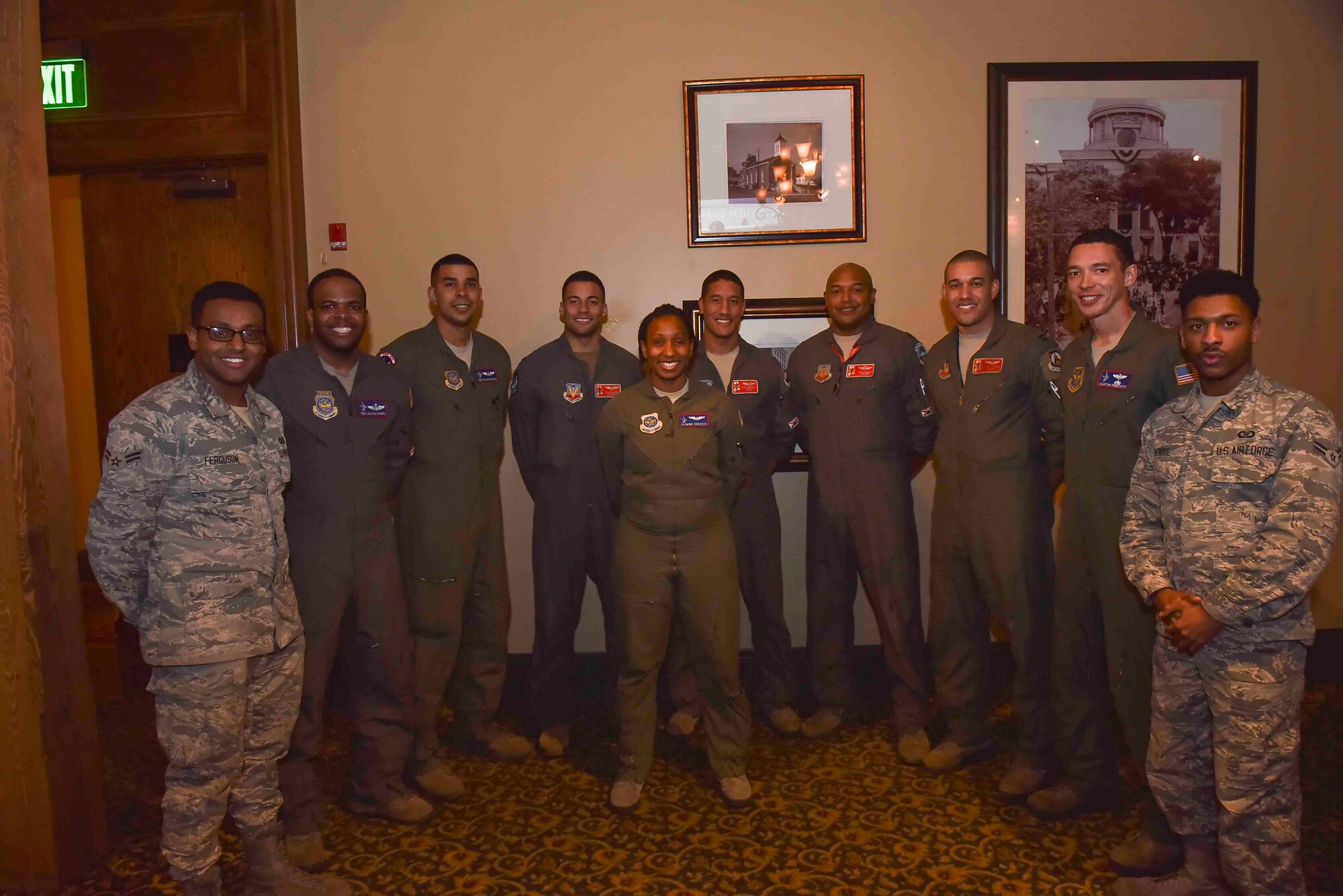 Fairchild Air Force Base Airmen pose for a photo with Red Tail Squadron members of 187th Fighter Wing in Montgomery, Alabama, Feb. 18, 2020. Team Fairchild Airmen refueled F-16 Fighting Falcons piloted by the Airmen from the Red Tail Squadron in honor of Black History Month. (U.S. Air Force photo by Airman 1st Class Kiaundra Miller)