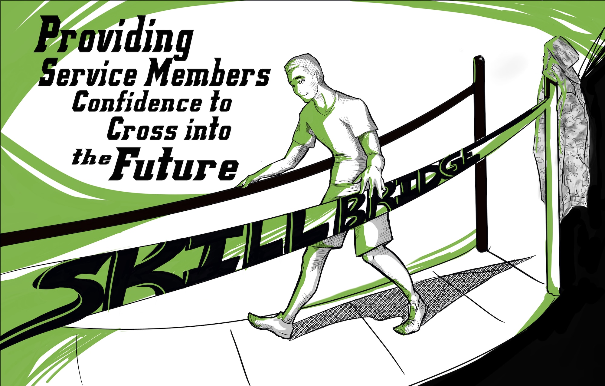 Graphic show a person crossing a bridge and states "Skillbridge: Providing service members confidence to cross into the future."
