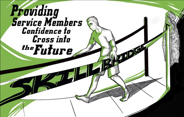 Graphic show a person crossing a bridge and states "Skillbridge: Providing service members confidence to cross into the future."