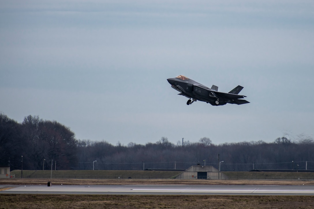 An F-35A Lightning II from Luke Air Force Base, Arizona, takes off from Dover AFB, Delaware, Feb. 19, 2020. Two F-35As recently returned from participating in the HX Challenge held near Tampere, Finland. During the HX Challenge, five different aircraft were tested for seven days, in Finnish weather conditions, to assess their ability to replace the current fleet of Finnish air force FA-18C and FA-18D Hornets. (U.S. Air Force photo by Senior Airman Christopher Quail)