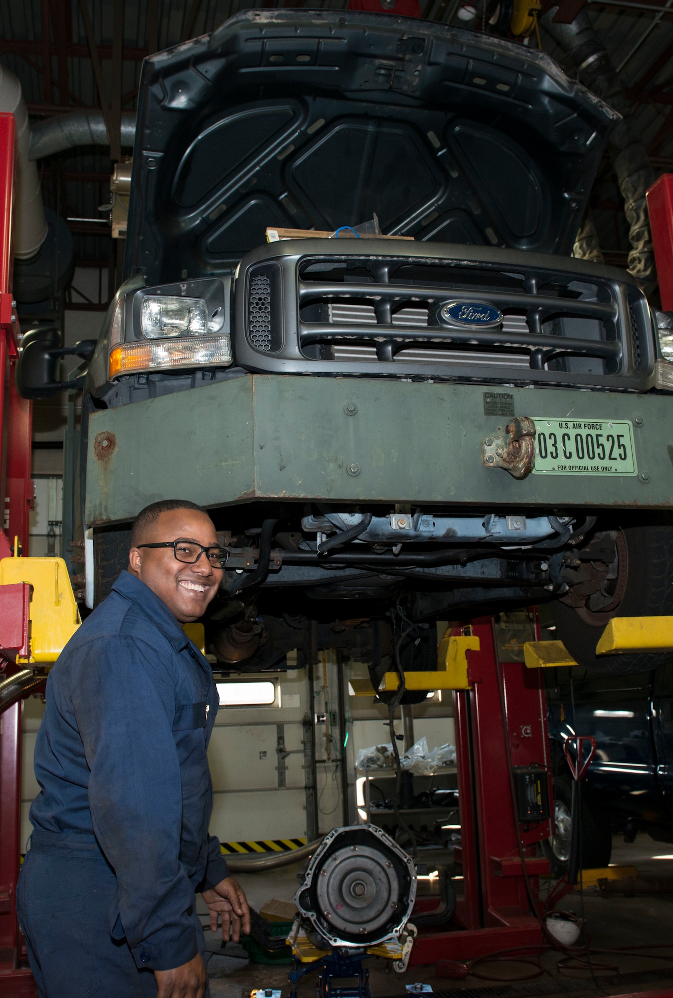 Airman 1st Class Tacito Castillo, 103rd Logistics Readiness Squadron vehicle maintenance specialist, repairs a truck at Bradley Air National Guard Base, East Granby, Conn. Nov. 3, 2019. Vehicle maintenance specialists perform scheduled maintenance and necessary repairs to Bradley’s entire fleet of vehicles, ensuring readiness of organizations throughout the installation, including aircraft maintenance and fire and emergency services. (U.S. Air National Guard photo by Senior Airman Sadie Hewes)