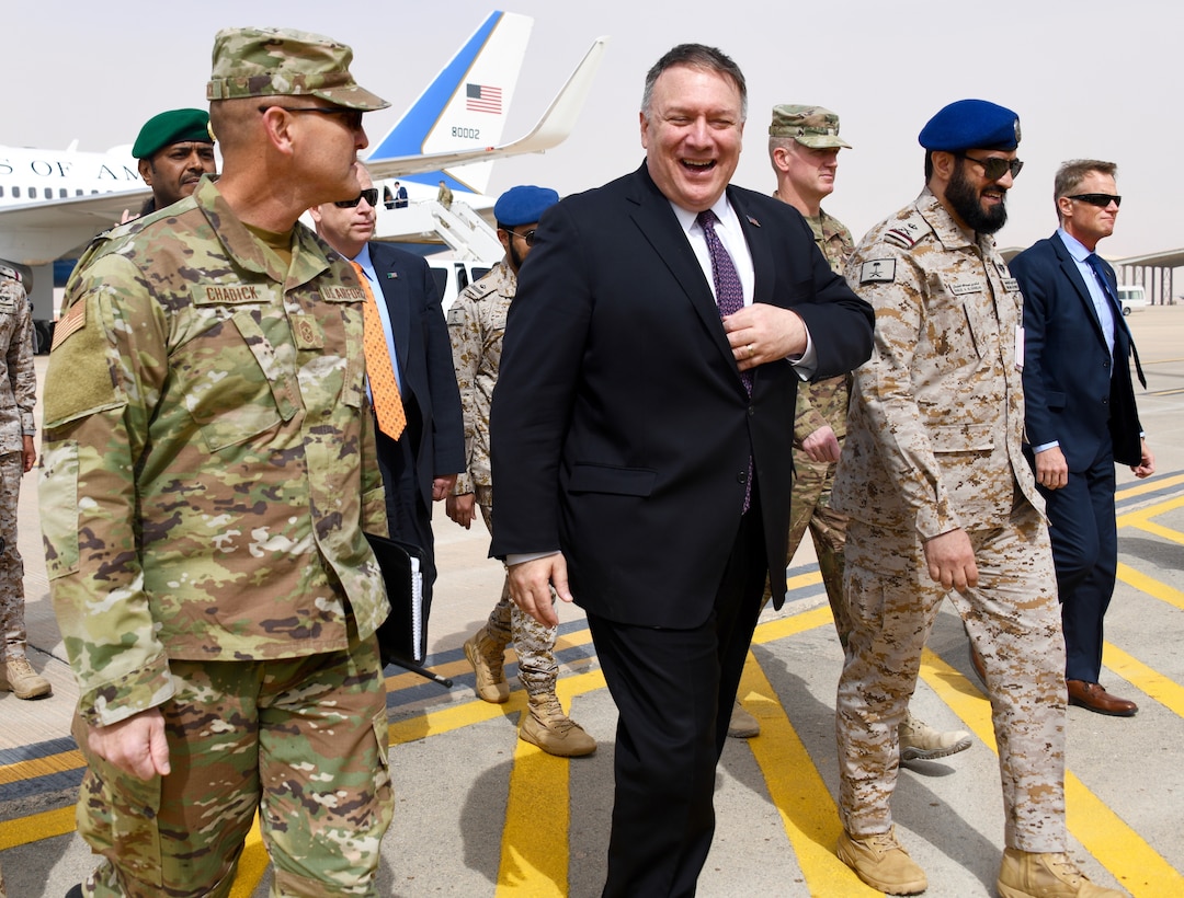 Royal Saudi Air Force’s Maj. Gen. Khaled Al-Shablan, Prince Sultan Air Base installation commander, and Chief Master Sgt. Brent Chadick, 378th Air Expeditionary Wing command chief, escort U.S. Secretary of State Mike Pompeo during a tour of Prince Sultan Air Base, Kingdom of Saudi Arabia, Feb. 20, 2020. Pompeo visited U.S. Forces and allied partners stationed at PSAB during a week-long trip to the region during which he reiterated the U.S.’s commitment to coalition partners and conducted diplomatic talks to help deter malign actors from causing instability in the region. (U.S. Air Force photo by Tech. Sgt. Michael Charles)