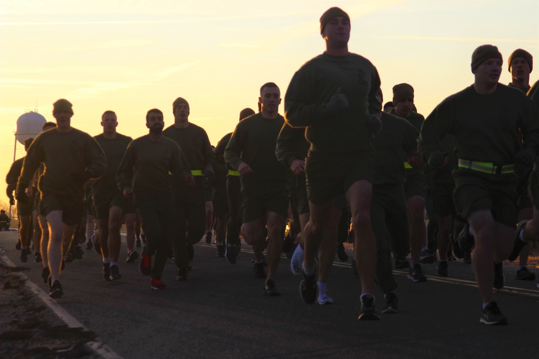 Marines from Bravo Company 2-20 run the Physical Fitness Test at The Basic School