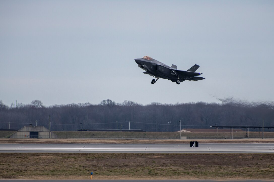 An F-35A Lightning II from Luke Air Force Base, Arizona, takes off from Dover AFB, Delaware, Feb. 19, 2020. Two F-35As recently returned from participating in the HX Challenge held near Tampere, Finland. During the HX Challenge, five different aircraft were tested for seven days, in Finnish weather conditions, to assess their ability to replace the current fleet of Finnish air force FA-18C and FA-18D Hornets. (U.S. Air Force photo by Senior Airman Christopher Quail)