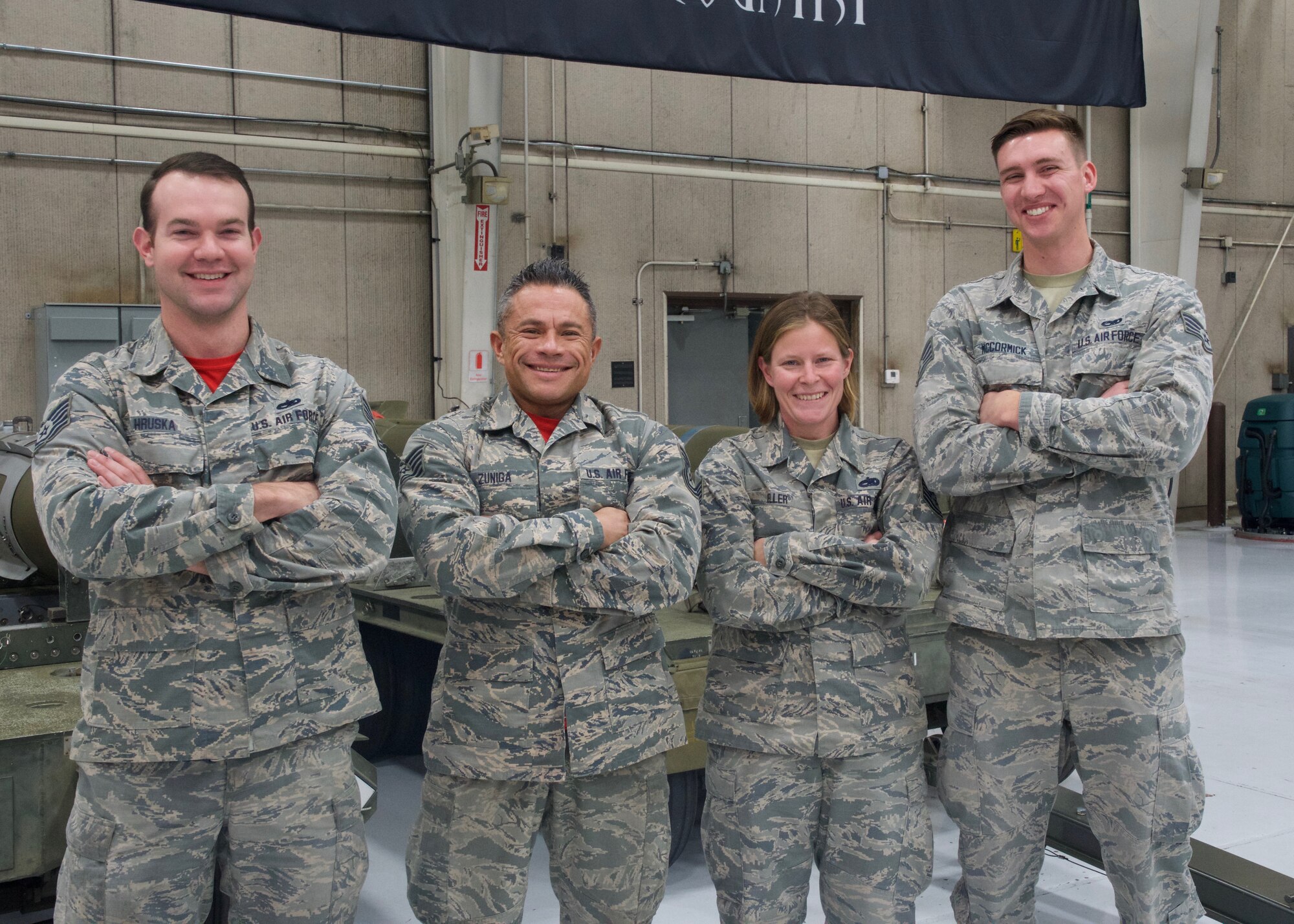 131st Bomb Wing Guardsmen were named 2019’s Best Nuclear Weapons Load Team. From Left to Right: Tech. Sgt. Mark Hruska, Tech. Sgt Ricardo Zuniga, Tech. Sgt. Athena Keller and Staff Sgt. Ethan McCormick. (U.S. Air Force photo by Master Sgt. Elise Rich)