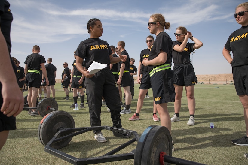 As a level one grader for the Army Combat Fitness Test (ACFT), Sgt. Shanice Buckhalton helped to lead an ACFT familiarization workshop for the Headquarters Support Company, 834th Aviation Support Battalion, while deployed to the Middle East on February 8, 2020.