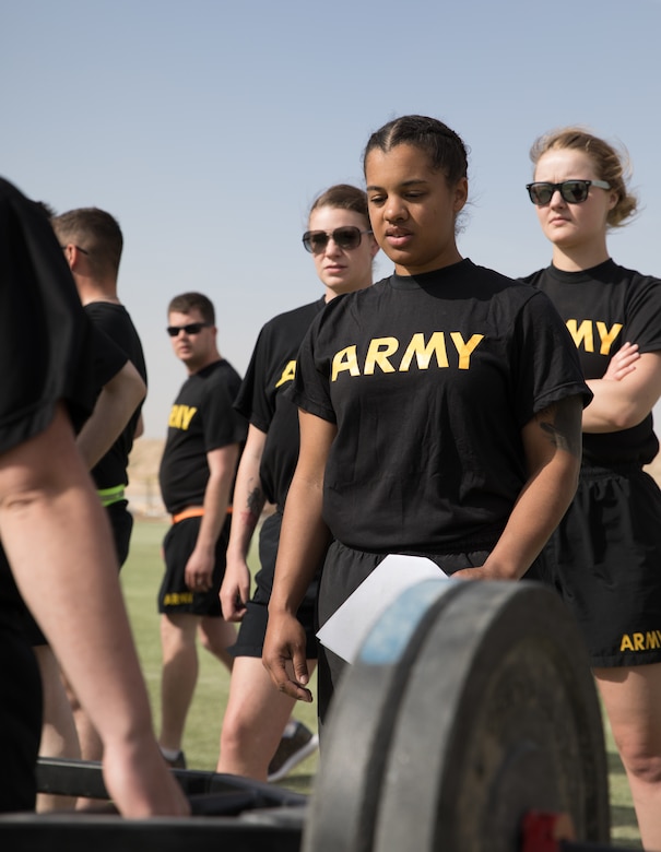 As a level one grader for the Army Combat Fitness Test (ACFT), Sgt. Shanice Buckhalton helped to lead an ACFT familiarization workshop for the Headquarters Support Company, 834th Aviation Support Battalion, while deployed to the Middle East on February 8, 2020.