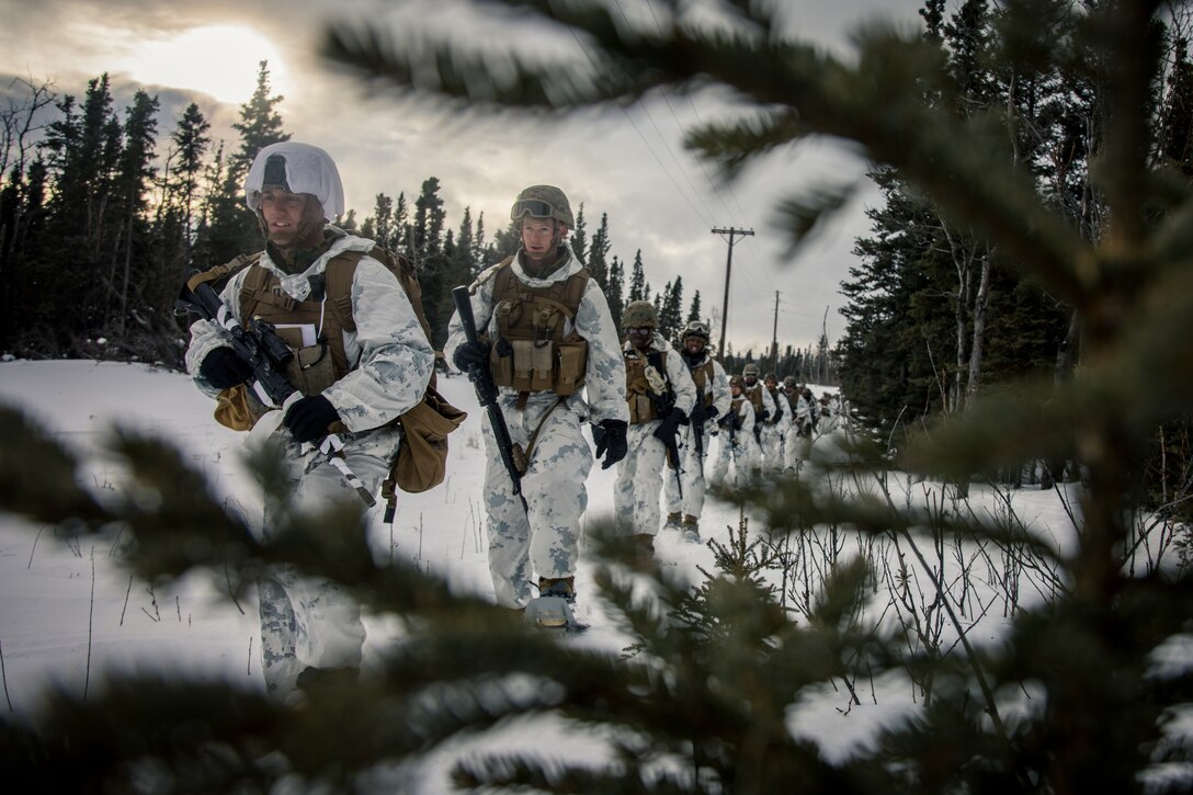 Marines wearing snow gear hike in the woods.