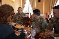 U.S. Army North Command Senior Enlisted Leader Command Sgt. Maj. Alberto Delgado speaks with junior enlisted personnel from Joint Task Force Civil Support (JTF-CS) during a luncheon in Newport News, Va.