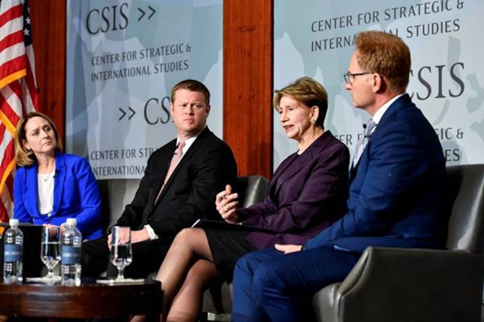 Secretary of the Air Force Barbara M. Barrett, second from right, delivers remarks during a panel discussion with Army Secretary Ryan McCarthy, second from left, and acting Navy Secretary Thomas Modly, right, hosted by Kathleen Hicks, left, senior vice president of the think tank Center for Strategic and International Studies, at the center in Washington, D.C., Feb. 21, 2020. The service secretaries discussed their respective department’s posture and budget proposals. (U.S. Air Force photo by Eric Dietrich)