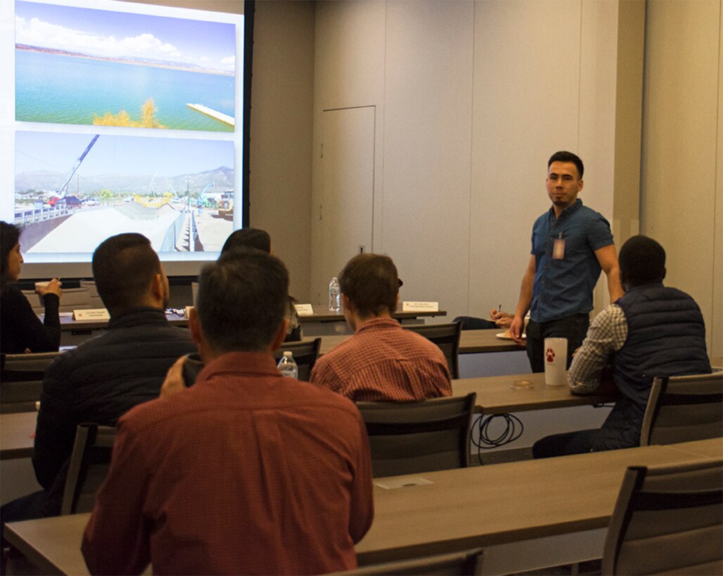 University of New Mexico student Jose Hernandez introduces himself during a STEM outreach event hosted by the U.S. Army Corps of Engineers-Albuquerque District at the USACE-Albuquerque District headquarters office, Feb. 20, 2020.