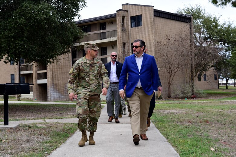 Sen. Ted Cruz of Texas tours Laughlin’s enlisted dormitories with Col. Lee Gentile, the 47th Flying Training Wing commander, on 20 Feb, 2020 at Laughlin Air Force Base, Texas. During his visit, Sen. Cruz was given a tour of lower enlisted dorm facilities and given a summary of proposed changes and plans for the dorms. (U.S. Air Force photo by Senior Airman John A. Crawford)