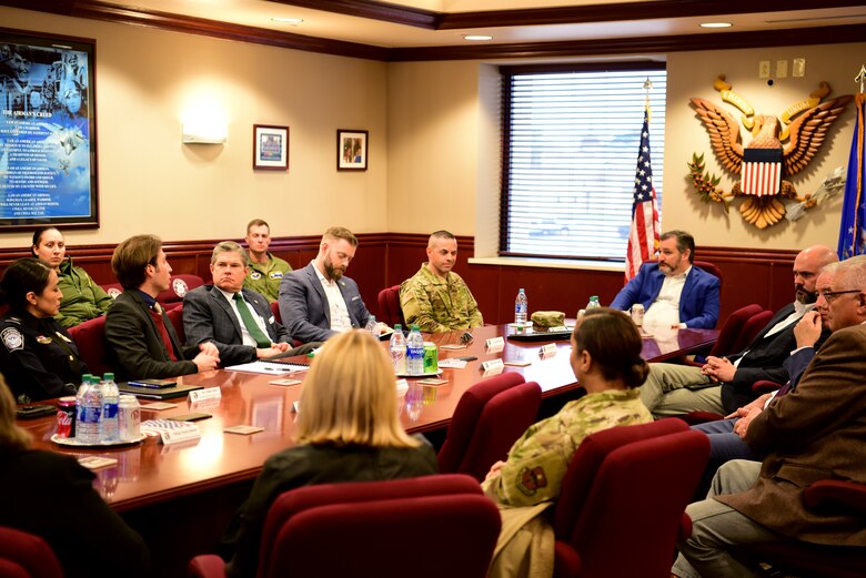 Sen. Ted Cruz of Texas, meets with members of the Del Rio and Laughlin community, on 20 Feb, 2020 at Laughlin Air Force Base, Texas. Members of the local community and base leadership discussed a variety of topics with Sen. Cruz, including the impact of wind turbine farms on the pilot training mission and quality of life improvements provided by dormitory renovations. (U.S. Air Force photo by Senior Airman John A. Crawford)