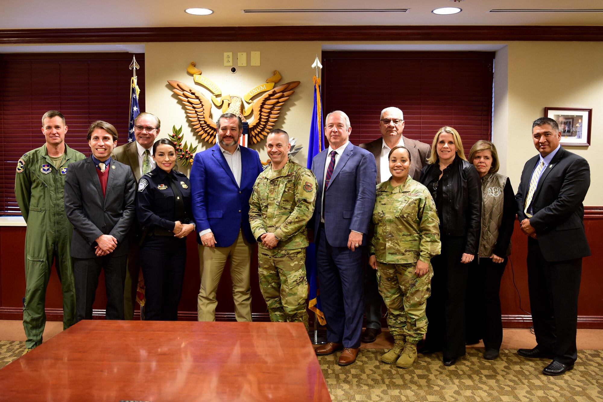 Sen. Ted Cruz of Texas poses for a photo with members of the Del Rio and Laughlin community, on 20 Feb, 2020 at Laughlin Air Force Base, Texas. Sen. Cruz visited Laughlin to meet with community members and discuss issues affecting Laughlin, Del Rio and Val Verde County. (U.S. Air Force photo by Senior Airman John A. Crawford)