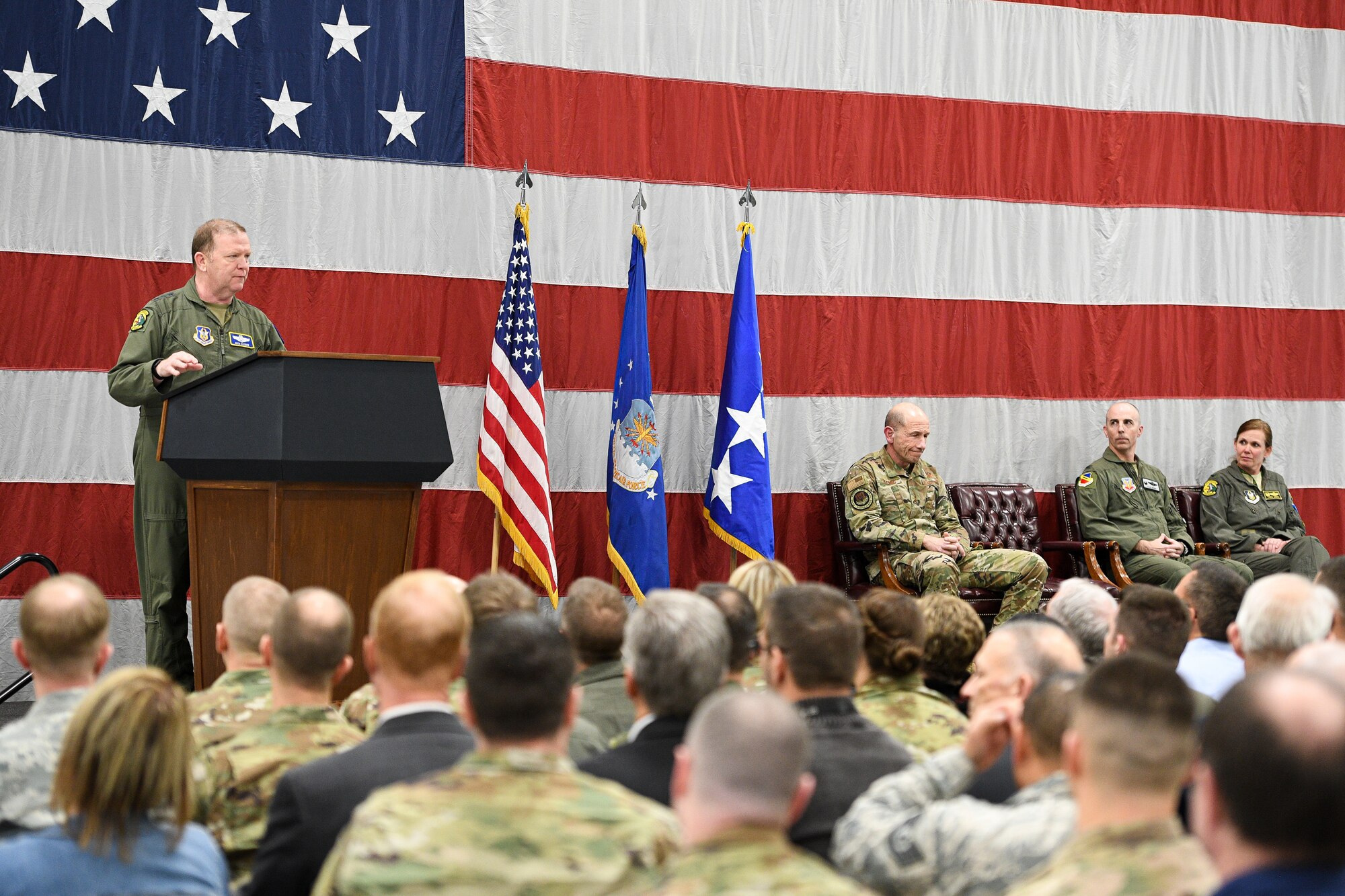 Lt. Gen. Richard W. Scobee, Air Force Reserve Command commander and chief of Air Force Reserve, speaks at a Full Warfighting Capability Ceremony at Hill Air Force Base