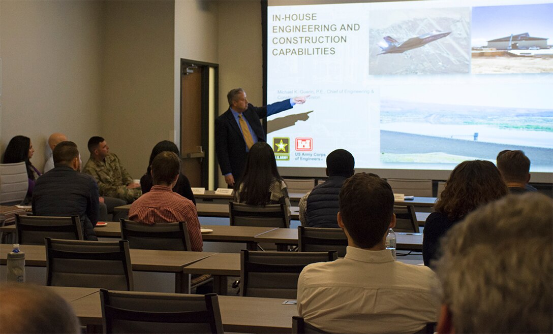 U.S. Army Corps of Engineers-Albuquerque District Engineering and Construction Division Chief Michael Guerin gives a presentation to University of New Mexico students about his division’s capabilities and opportunities during a STEM outreach event hosted by the U.S. Army Corps of Engineers-Albuquerque District at the USACE-Albuquerque District headquarters office, Feb. 20, 2020.