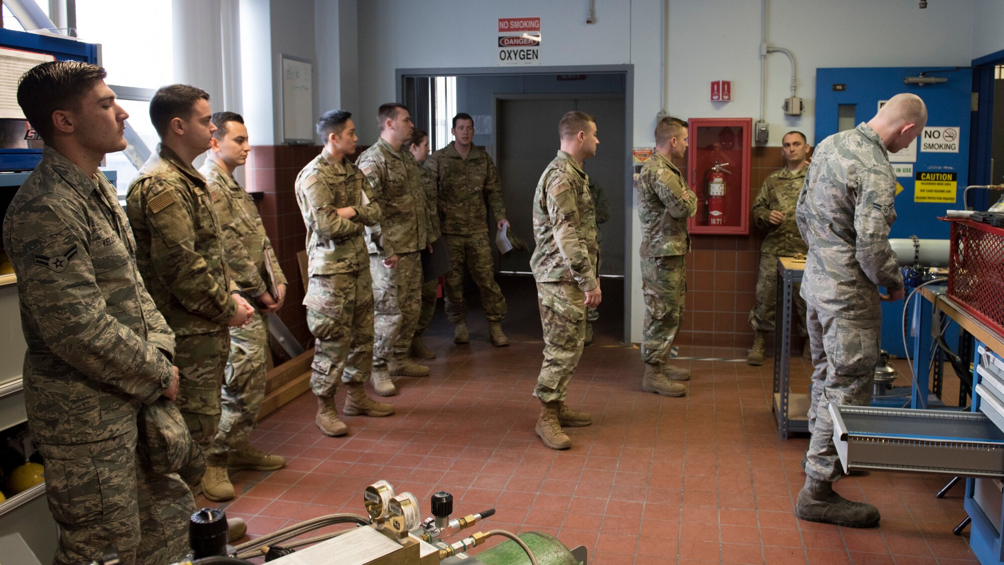 Unit safety supervisors from across Fairchild Air Force Base participate in an annual health risk assessment from the 92nd Bioenvironmental Engineering shop at Fairchild AFB, Washington, Feb. 3, 2020. A suspended heavy object or open flame may be an obvious safety threat, but safety issues can arise from unexpected places as well, which annual inspections look to identify.  (U.S. Air Force photo by Staff Sgt. Ryan Lackey)