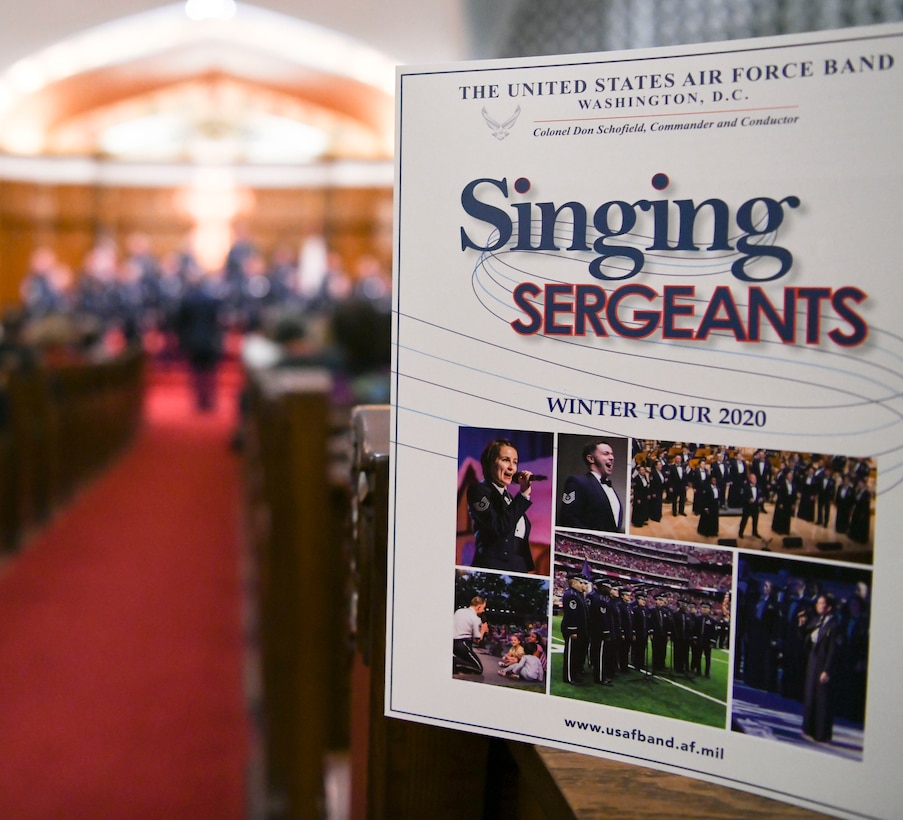 A U.S. Air Force Band Singing Sergeants winter tour program is displayed during a concert in Redlands, Ca., Feb. 14, 2020. The tour took the band to eight different locations where they performed various songs from their vast repertoire; the program outlines each performance. (U.S. Air Force photo by Airman 1st Class Spencer Slocum)