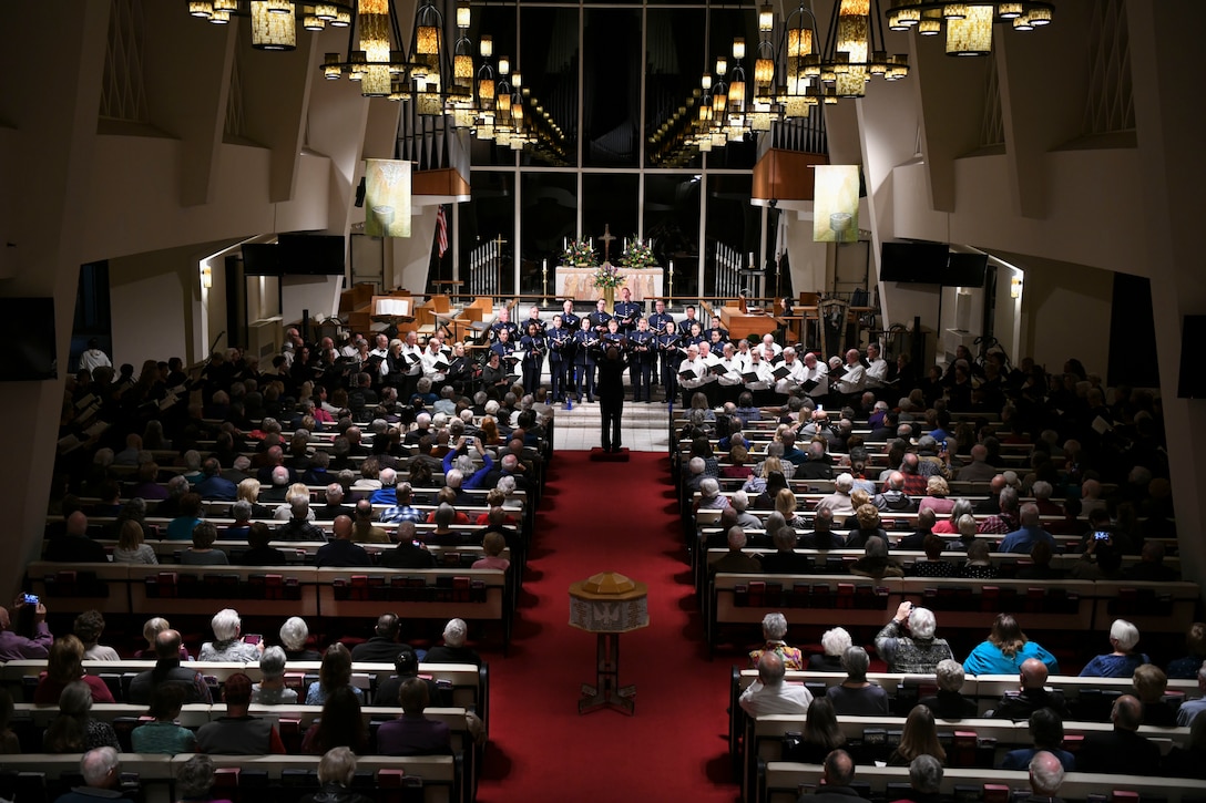 Members of the United States Air Force Band Singing Sergeants perform with communal choir members in San Diego, Ca., Feb. 17, 2020. The Singing Sergeants honor those who have served, inspire American citizens to heightened patriotism and service, and connect with the global community on behalf of the U.S. Air Force Band and the United States. (U.S. Air Force photo by Airman 1st Class Spencer Slocum)