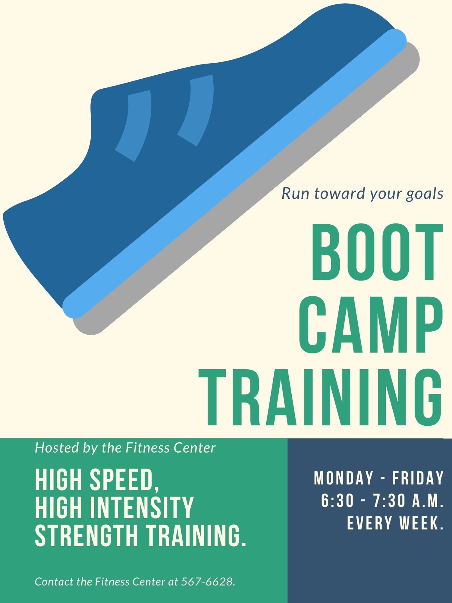The fitness center offers boot camp training. The training takes place every weekday, barring a base closure, from 6:30 – 7:30 a.m. The workout consists of high-intensity and high-speed strength training. Anyone with access to the installation can attend the workout for free. (U.S. Air Force graphic by Airman 1st Class Jonathan Whitely