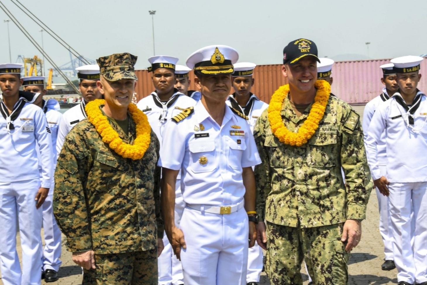 LAEM CHABANG, Thailand (Feb. 22, 2020) Col. Robert Brodie, commanding officer, 31st Marine Expeditionary Unit (MEU), left, Commander, Amphibious Task Force, Royal Thai Navy Capt. Arpa Chapanon and Capt. Luke Frost, commanding officer, amphibious assault ship USS America (LHA 6) pose during a reception for the 31st MEU and America before the start of Exercise Cobra Gold 2020 (CG 20). The America Expeditionary Strike Group-31st MEU team will participate in CG 20, the largest theater security cooperation exercise in the Indo-Pacific region and an integral part of the U.S. commitment to strengthen engagement in the region.