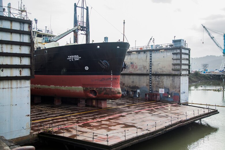 The Dredge Yaquina facing seaward in Vigor Shipyard’s dry dock.