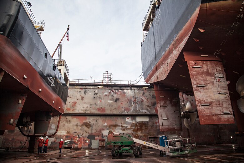 Portland District dredges Yaquina (left) and Essayons (right) sit stern-to-stern in Vigor Shipyard’s dry dock for their annual maintenance.