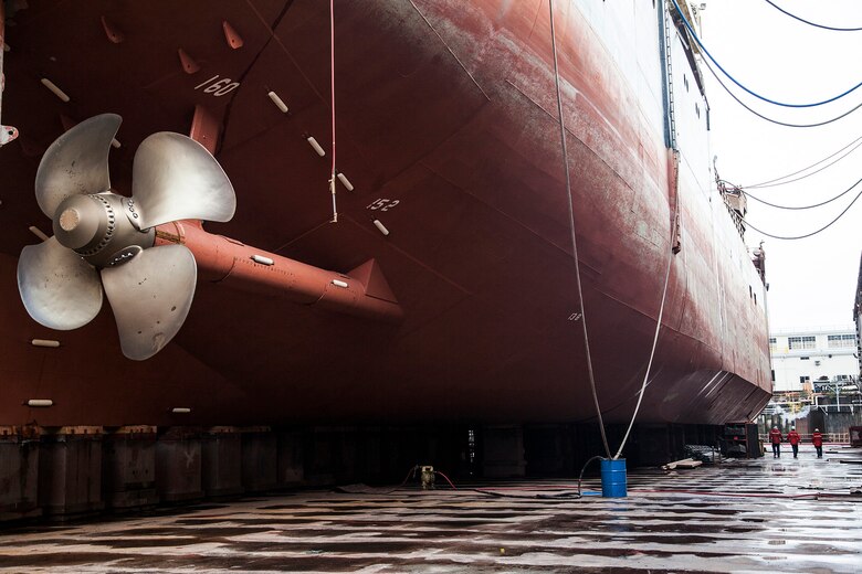 The Dredge Essayons starboard side propeller. Ship components that sit below the waterline like the hull, propellers, rudders and bow thruster can only be inspected for damage while in dry dock.