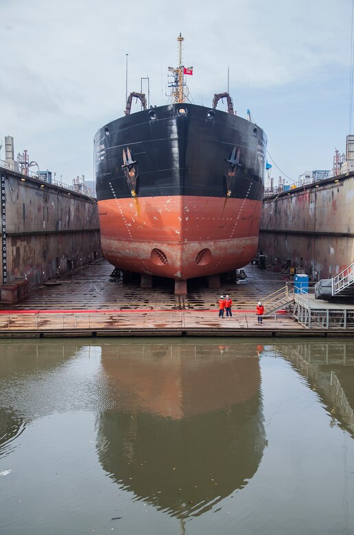 The Dredge Essayons facing landward in Vigor Shipyard’s dry dock for her annual maintenance.