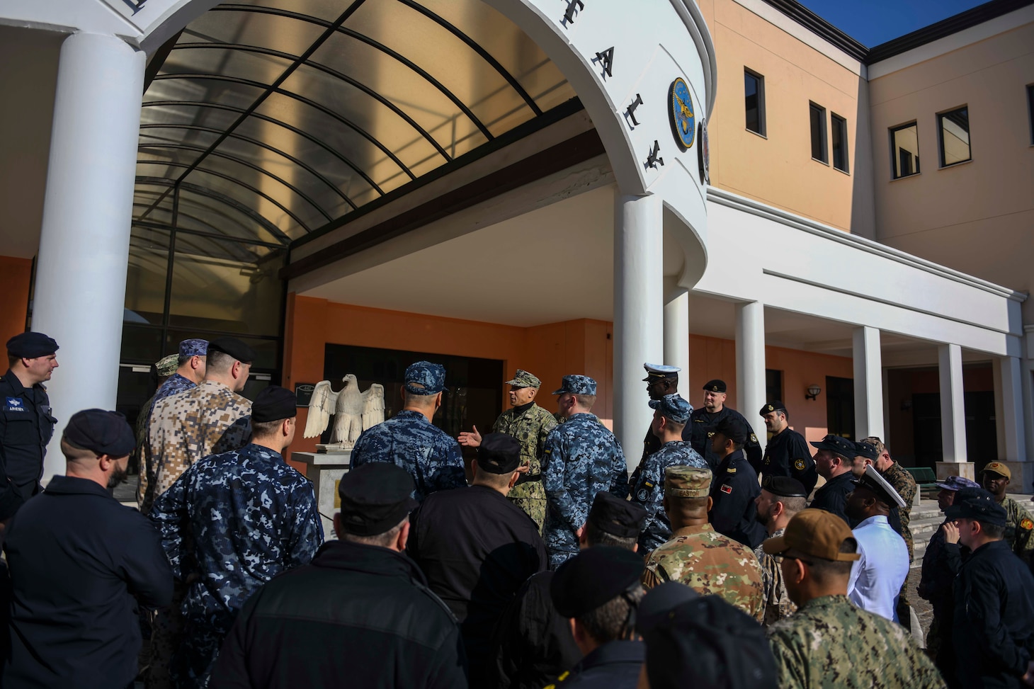 Naval Forces Europe-Africa Fleet Master Chief Derrick Walters speaks to senior enlisted leaders from 17 different nations during the Europe-Africa Senior Enlisted Leadership Symposium, held at Naval Support Activity Naples, Italy, Feb. 17, 2020.