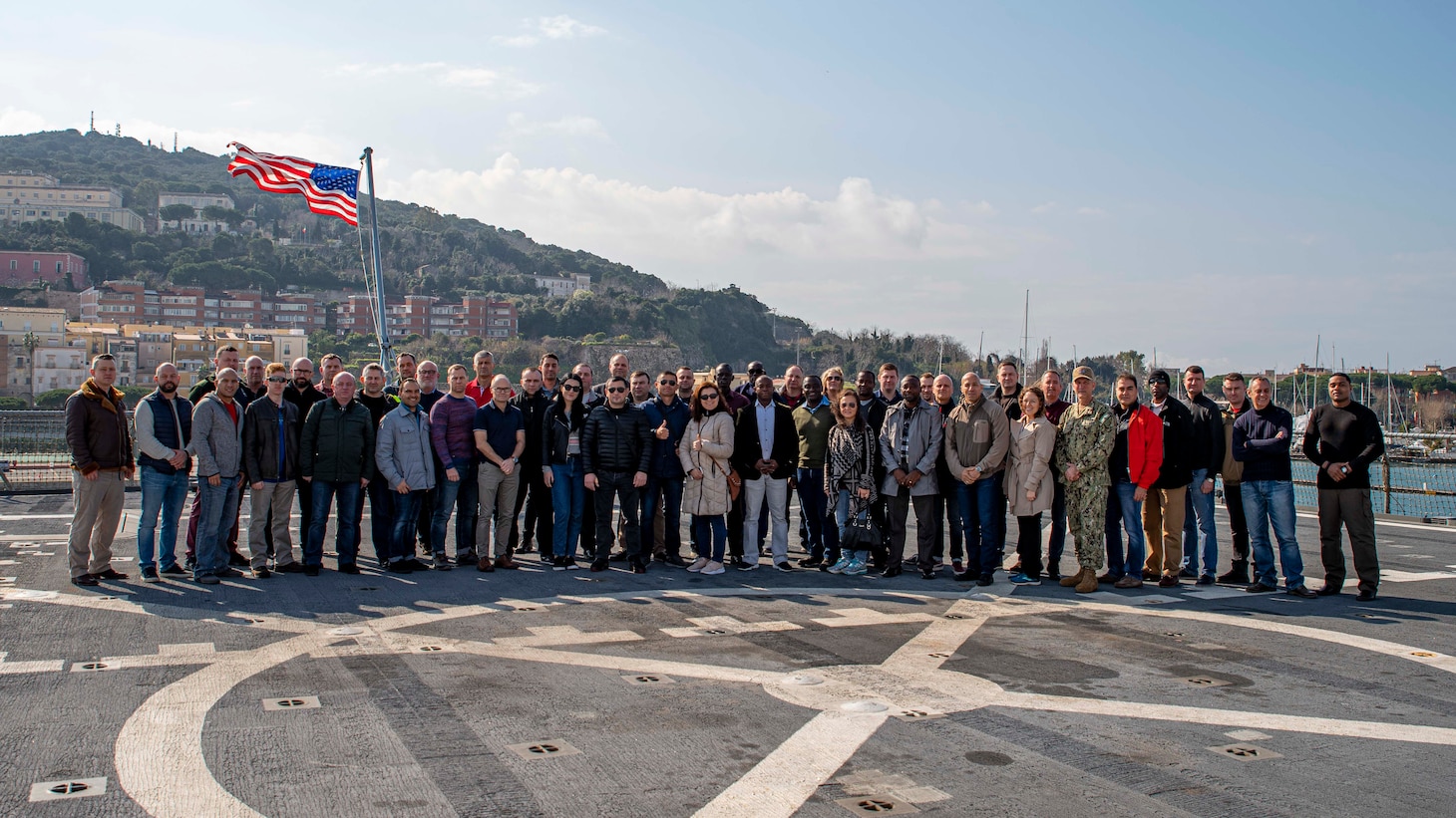 Attendees of the Commander, U.S. Naval Forces Europe, U.S. Naval Forces Africa, and 6th Fleet Fiscal Year 2020 Senior Enlisted Leadership Symposium pose for a photo aboard the Blue Ridge-class command and control ship USS Mount Whitney (LCC 20) in Gaeta, Italy, Feb. 19, 2020. Mount Whitney is the U.S. 6th Fleet flagship, homeported in Gaeta, and operates with a combined crew of U.S. Sailors and Military Sealift Command civil service mariners.