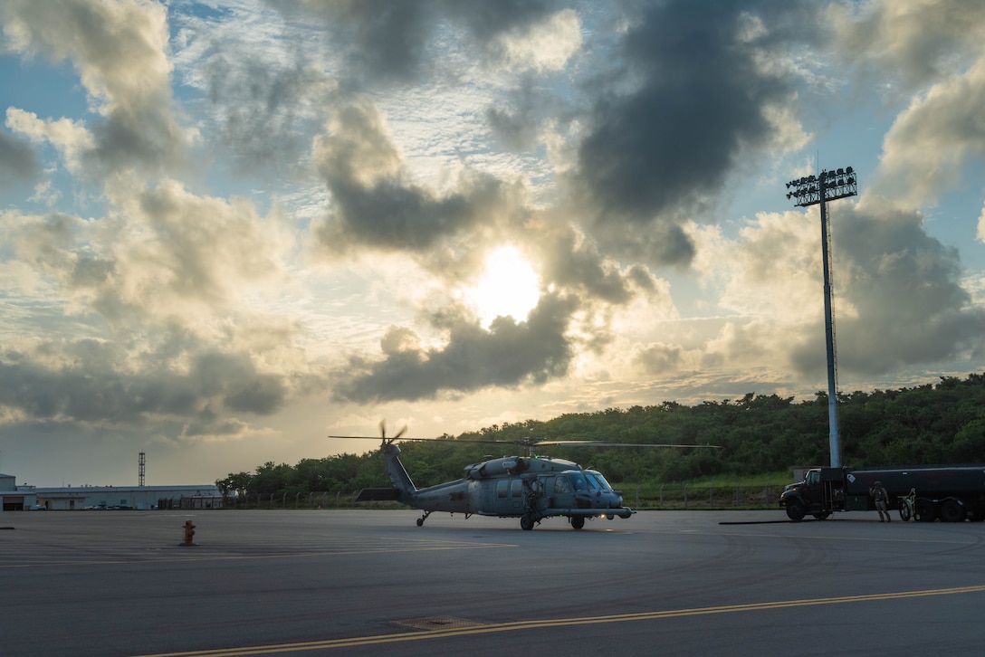 An HH-60G Pave Hawk assigned to the 33rd Rescue Squadron transits after a combat search and rescue training mission Feb. 13, 2020, at Kadena Air Base, Japan. The HH-60G Pave Hawk is capable of performing peacetime operations such as civil search and rescue, emergency aeromedical evacuation, disaster relief, international aid and counter-drug activities. (U.S. Air Force photo taken by Senior Airman Cynthia Belío)