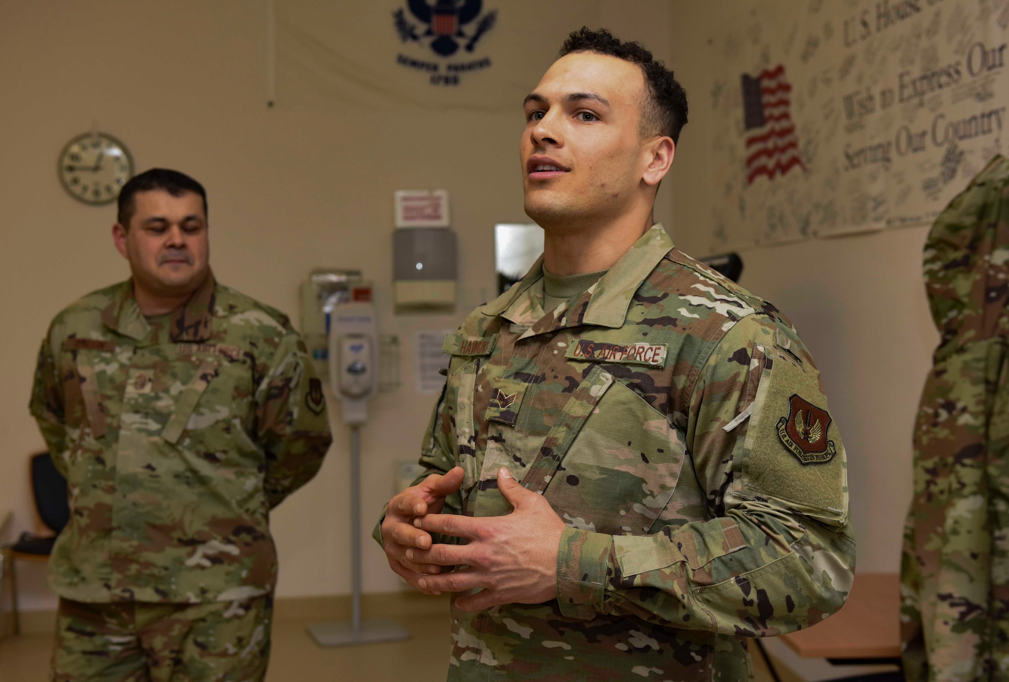 U.S. Air Force Senior Airman David Hawkins, 86th Medical Operations Squadron pediatric medical technician, thanks his leadership for their support at Ramstein Air Base, Germany, Feb. 13, 2020. The 86th Airlift Wing named Hawkins Ramstein’s Airlifter of the Week for his pattern of service and excellence in leading others to a balanced life of mental, spiritual and physical health.