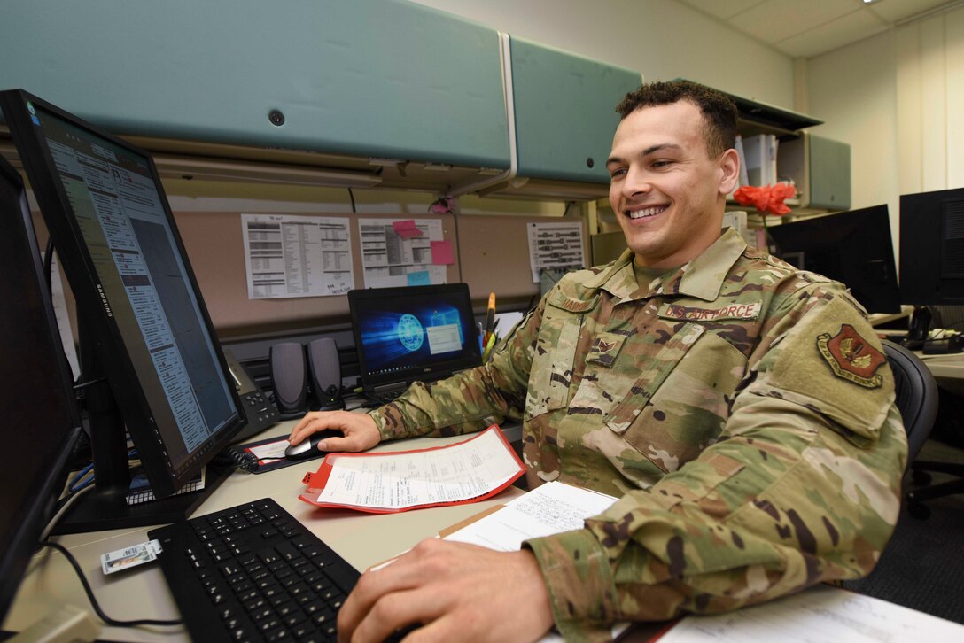 U.S. Air Force Senior Airman David Hawkins, 86th Medical Operations Squadron pediatric medical technician, works at the Pediatric Developmental Clinic at Ramstein Air Base, Germany, Feb. 13, 2020. The 86th Airlift Wing named Hawkins Airlifted of the Week for his service and dedication to education Airmen about health and wellness.