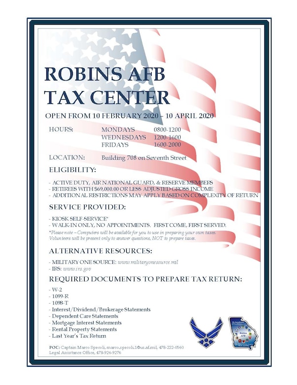 Graphic is a flyer with information on the Robins Tax Center. Same information is in the news story.