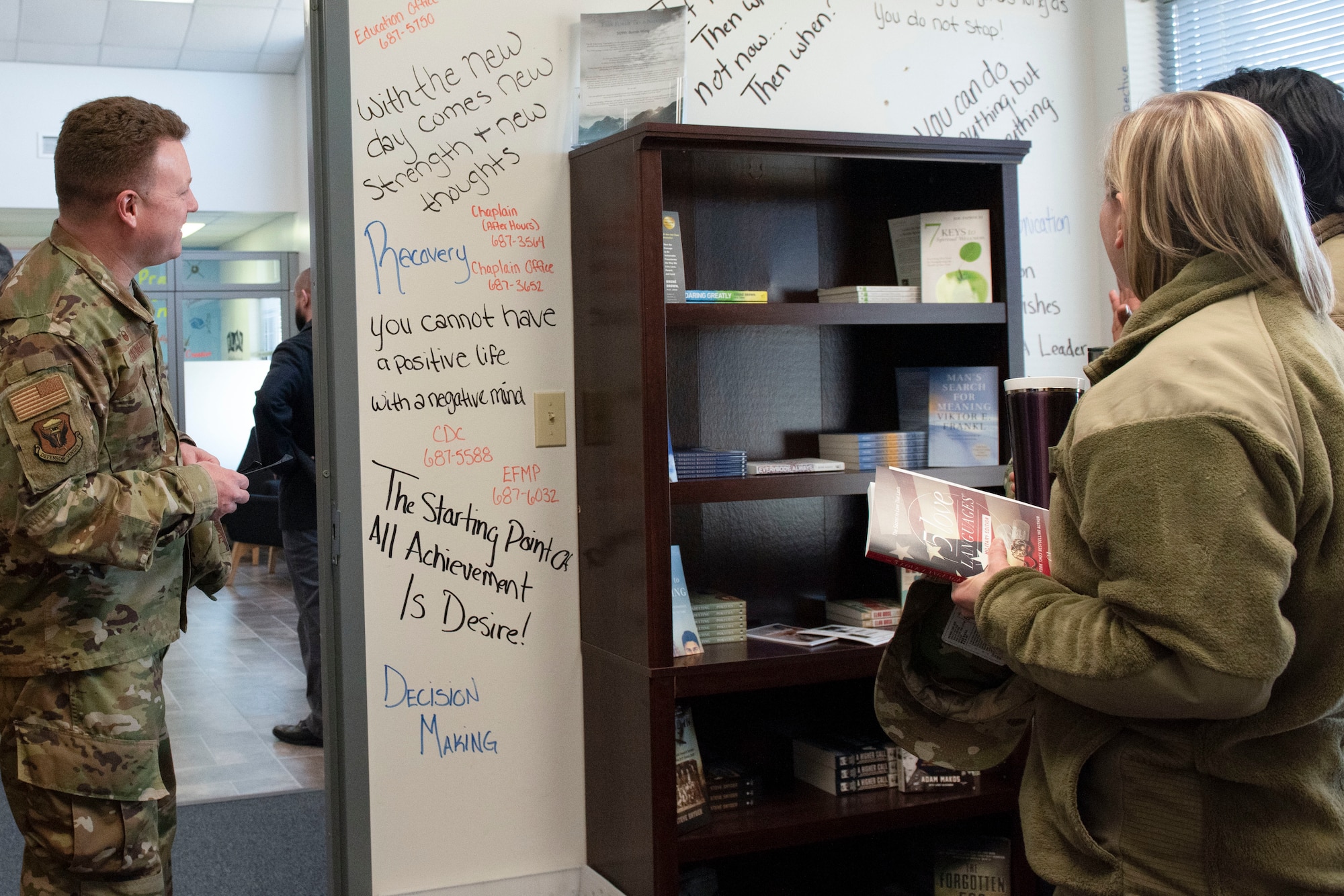 The Leading Innovation and Fostering Engagement Center library features resilency focused training, spiritual education and spouse and family team building materials.