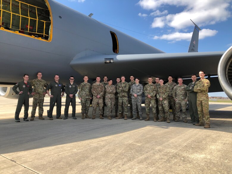 Group photo of Airmen in front of KC-135 Stratotanker aircraft.