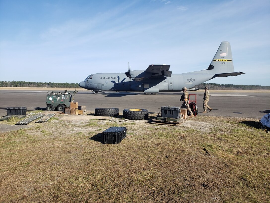 An aircraft sits on the runway during Exercise Turbo Distribution 20-1 at Hunter Army Airfield in Georgia.
