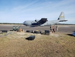 An aircraft sits on the runway during Exercise Turbo Distribution 20-1 at Hunter Army Airfield in Georgia.