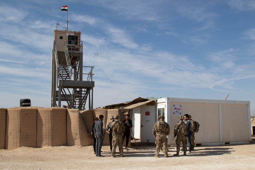 U.S. Soldiers with 1st Battalion, 5th Infantry Regiment, 1st Stryker Brigade Combat Team, 25th Infantry Division, greet Iraqi troops guarding the perimeter of Al Asad Airbase in western Iraq, Feb. 15, 2020. Soldiers of 1st Battalion, 5th Infantry Regiment, regularly conduct presence patrols around the outer edges of Al Asad Airbase to both act as a deterrent to potential aggressors, and also as a way to show their support for their Iraqi counterparts (U.S. Army photo by Sgt. Sean Harding)