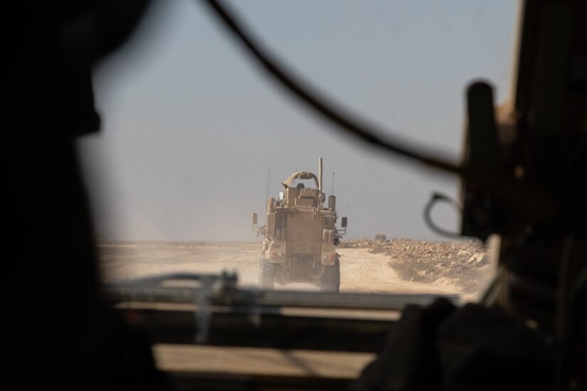 Soldiers with 1st Battalion, 5th Infantry Regiment, 1st Stryker Brigade Combat Team, 25th Infantry Division, head out on patrol around the perimeter of Al Asad Airbase in western Iraq, Feb. 14, 2020. Al Asad is the largest military airbase in Iraq and the second-largest in the U.S. Central Command area of responsibility. (U.S. Army photo by Sgt. Sean Harding)