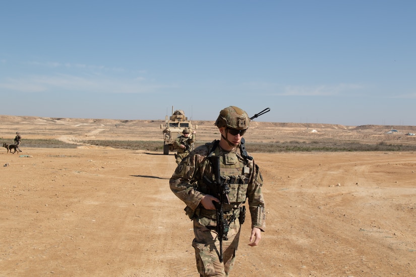 Soldiers with 1st Battalion, 5th Infantry Regiment, 1st Stryker Brigade Combat Team, 25th Infantry Division, conduct a patrol around the perimeter of Al Asad Airbase in western Iraq, Feb. 14, 2020. The patrols act both as a deterrent and to bolster the security partnership between U.S. and Iraqi forces. (U.S. Army photo by Sgt. Sean Harding)