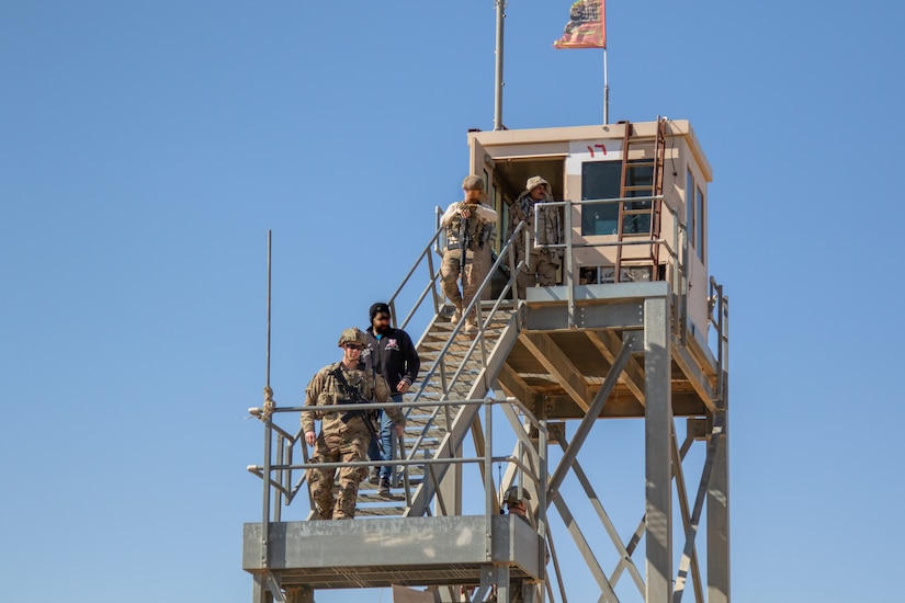 U.S. Soldiers inspect a guard tower along the perimeter of Al Asad Airbase in Anbar Province, Iraq, Feb. 14, 2020. The 25th ID regularly conducts presence patrols around the perimeter of Al Asad airbase to support Iraqi troops and strengthen the security partnership between the two nations. (U.S. Army photo by Sgt. Sean Harding)
