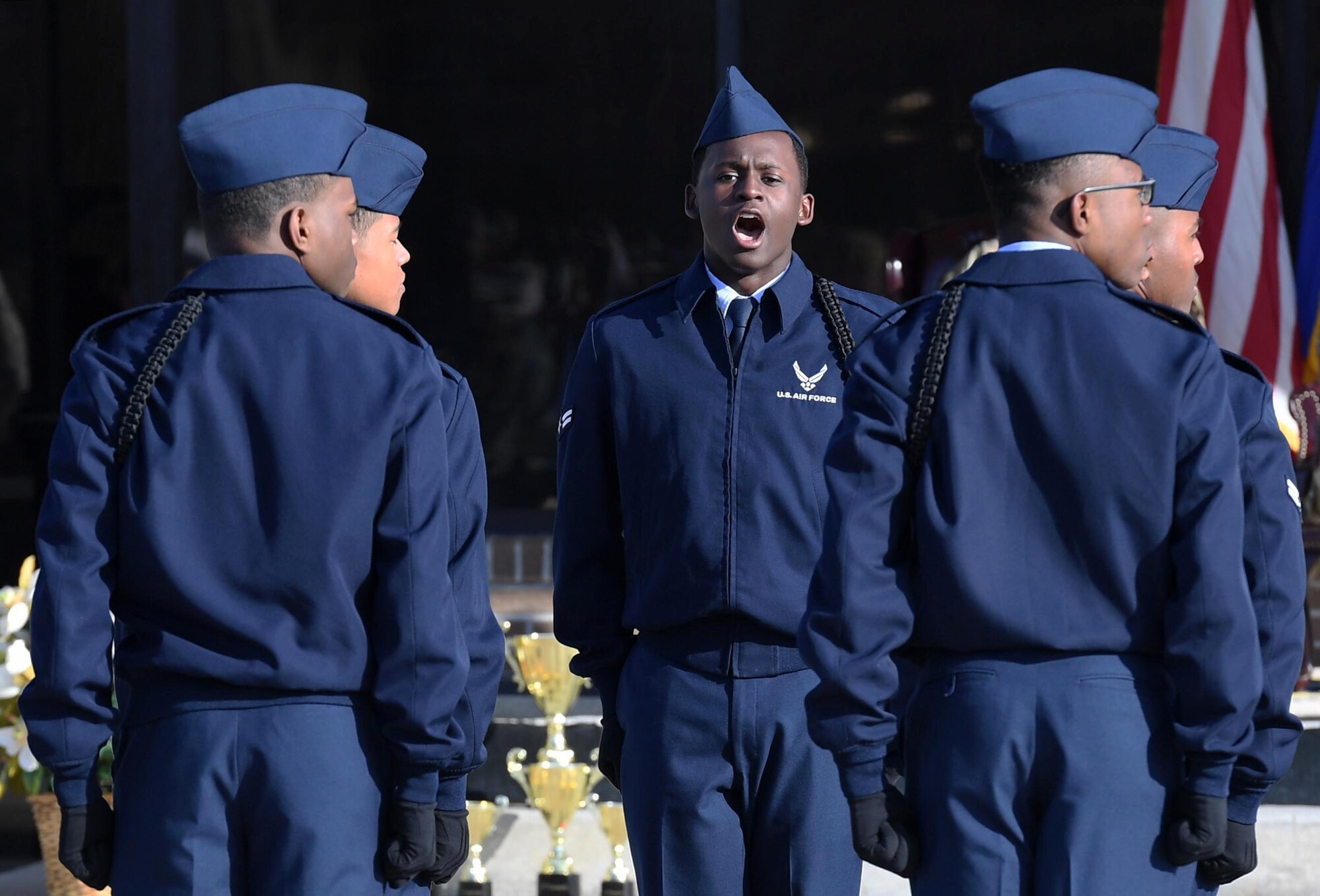Members of the 336th Training Squadron regulation drill team perform during the 81st Training Group drill down on the Levitow Training Support Facility drill pad at Keesler Air Force Base, Mississippi, Feb. 21, 2020. Airmen from the 81st TRG competed in a quarterly open ranks inspection, regulation drill routine and freestyle drill routine. Keesler trains more than 30,000 students each year. While in training, Airmen are given the opportunity to volunteer to learn and execute drill down routines. (U.S. Air Force photo by Kemberly Groue)