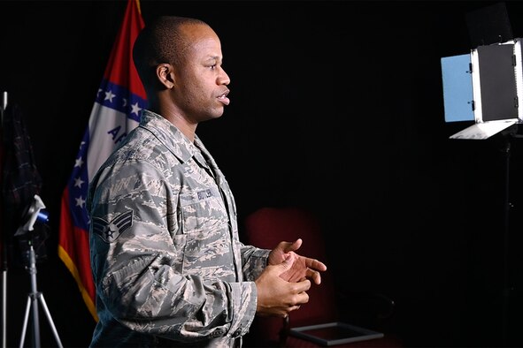 Staff Sgt. Garry Butler, a religious affairs specialist with the 188th Wing’s Chaplain Office, delivers an inspirational video message for unit members January 12, 2020, at Ebbing ANG Base, Arkansas. (U.S. Air National Guard photo by Staff Sgt. Matthew Matlock)
