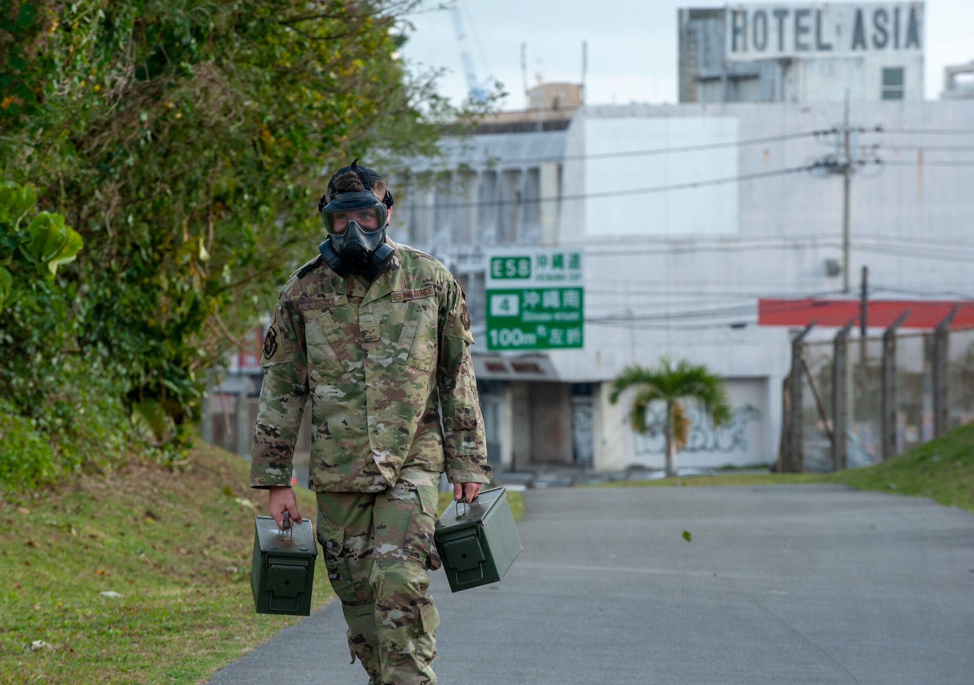 U.S. Air Force Airman 1st Class Michael Justice, 18th Security Forces Squadron response force leader, runs the Habu Trail during the Defenders Challenge Feb. 13, 2020, at Kadena Air Base, Japan. This Defenders Challenge tested basic combat skills and competitor knowledge at various stations along the course. (U.S. Air Force photo by Naoto Anazawa)