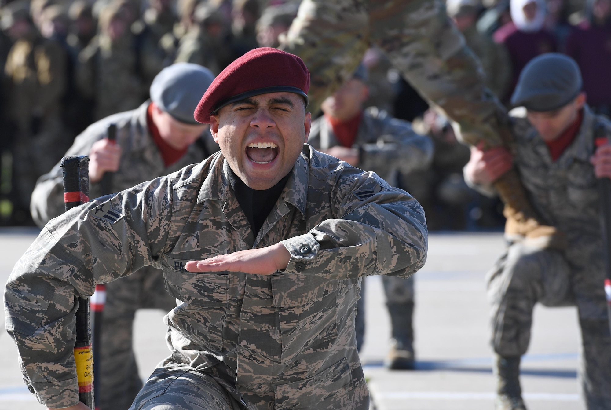 U.S. Air Force Airman 1st Class Carlos Pajaro, 335th Training Squadron freestyle drill team member, performs during the 81st Training Group drill down on the Levitow Training Support Facility drill pad at Keesler Air Force Base, Mississippi, Feb. 21, 2020. Airmen from the 81st TRG competed in a quarterly open ranks inspection, regulation drill routine and freestyle drill routine. Keesler trains more than 30,000 students each year. While in training, Airmen are given the opportunity to volunteer to learn and execute drill down routines. (U.S. Air Force photo by Kemberly Groue)